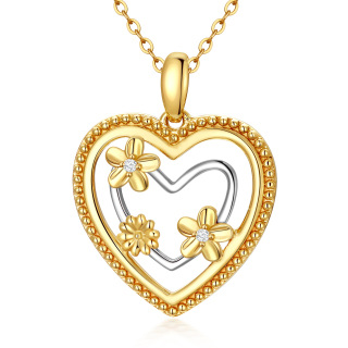 9K Gold Circular Shaped Cubic Zirconia Sunflower & Heart Pendant Necklace-18