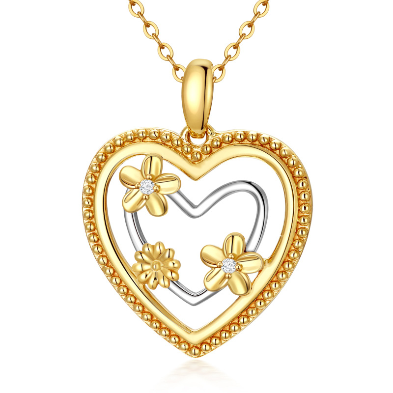 9K Gold Circular Shaped Cubic Zirconia Sunflower & Heart Pendant Necklace