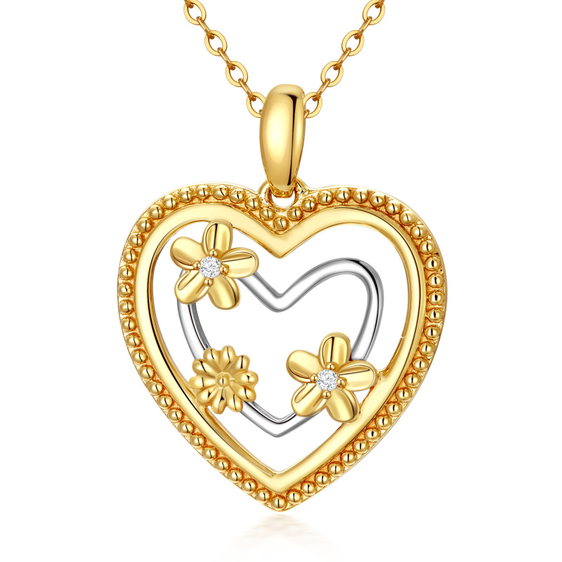 10K Gold Circular Shaped Cubic Zirconia Sunflower & Heart Pendant Necklace-16