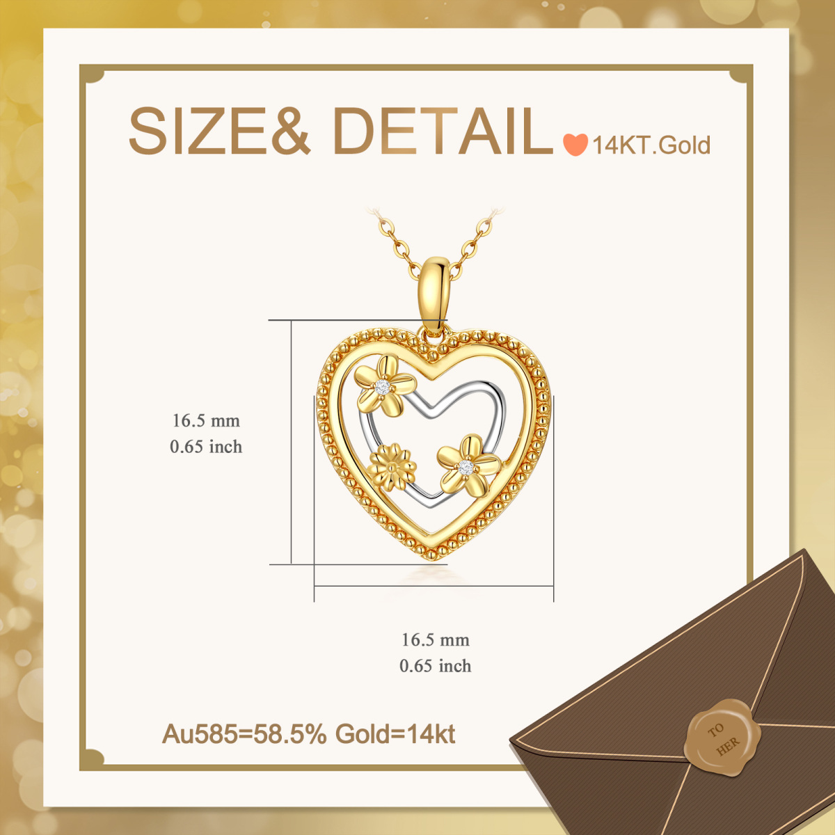 9K Gold Circular Shaped Cubic Zirconia Sunflower & Heart Pendant Necklace-3