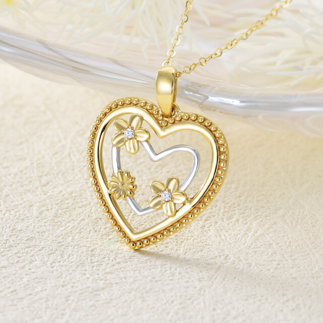 Collana con ciondolo a forma di girasole e cuore in oro 14K a forma di cerchio con zirconio cubico-4