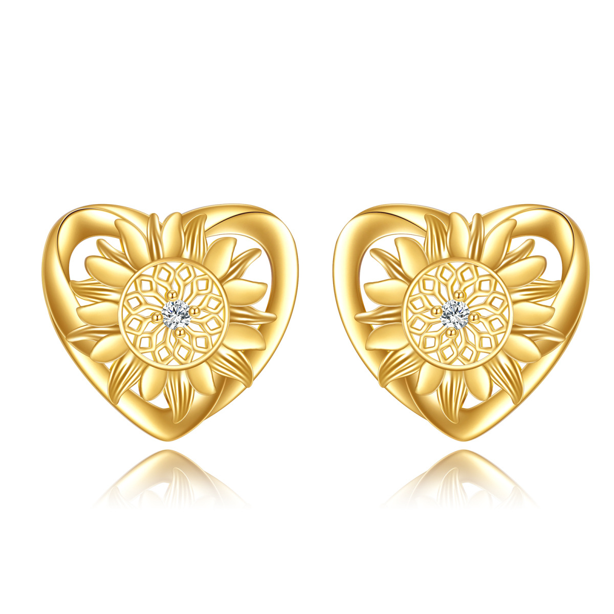 10K Gold Circular Shaped Cubic Zirconia Sunflower & Heart Stud Earrings-1