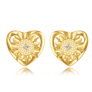 10K Gold Circular Shaped Cubic Zirconia Sunflower & Heart Stud Earrings-10