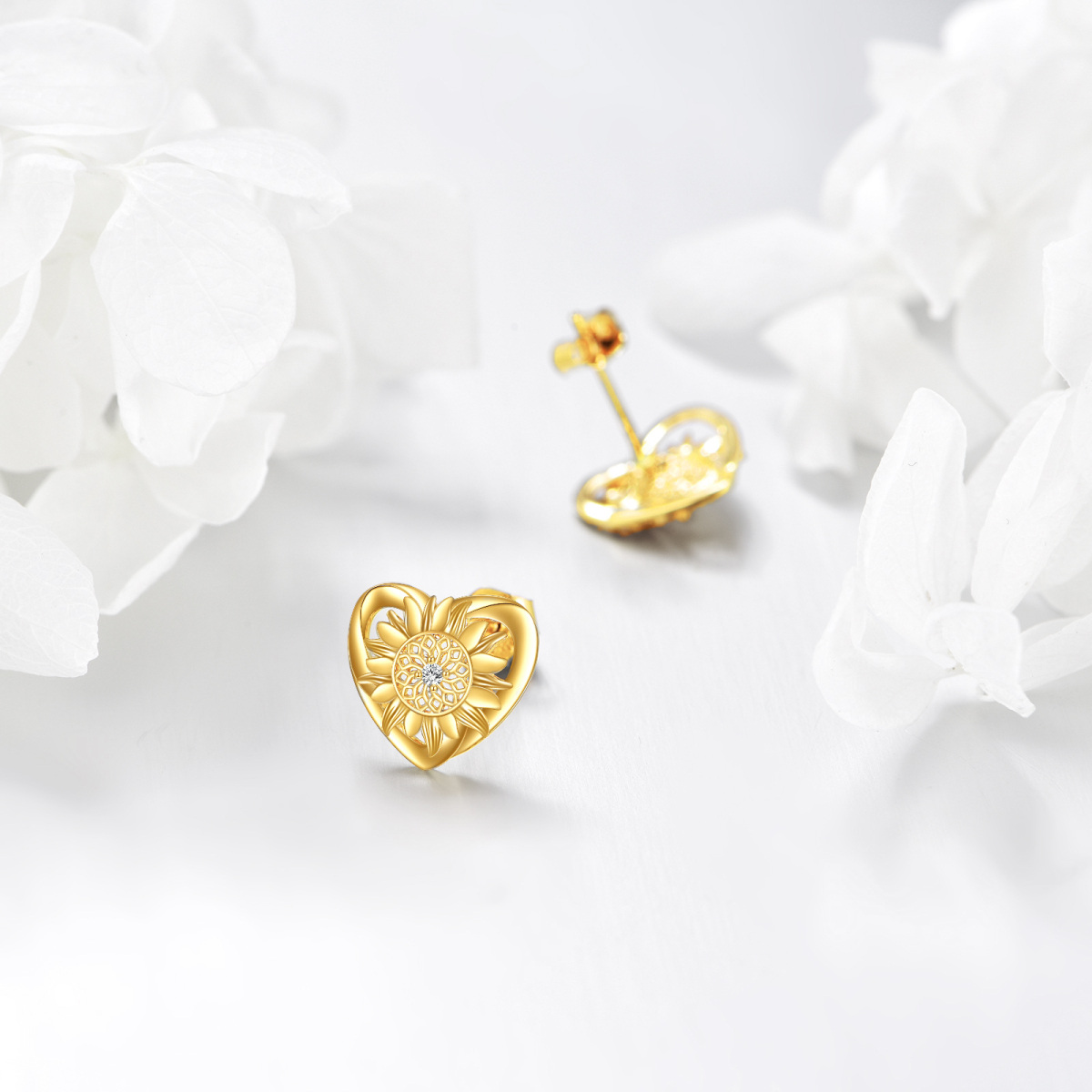 10K Gold Circular Shaped Cubic Zirconia Sunflower & Heart Stud Earrings-3