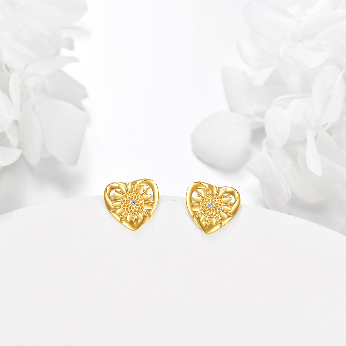 10K Gold Circular Shaped Cubic Zirconia Sunflower & Heart Stud Earrings-4