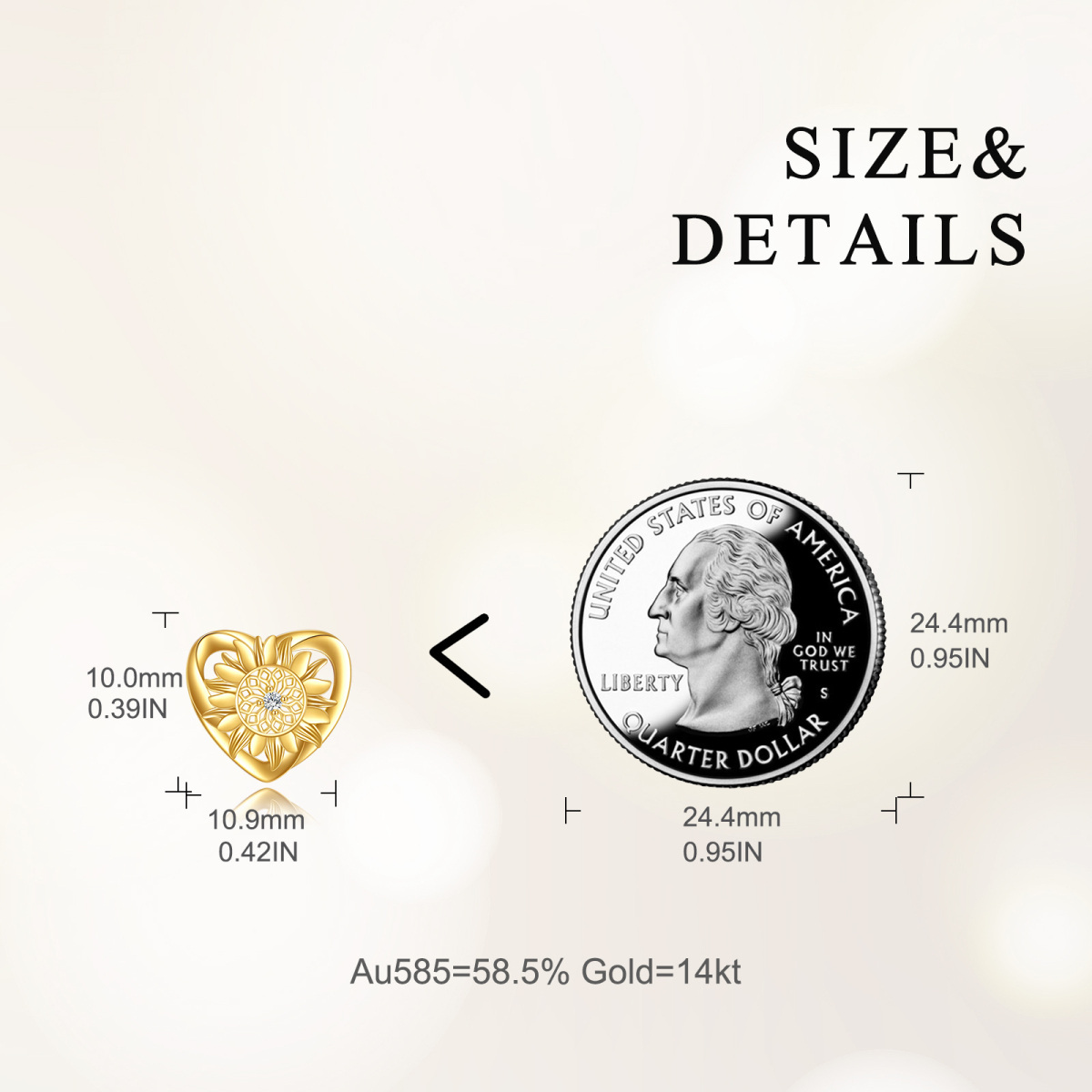 10K Gold Circular Shaped Cubic Zirconia Sunflower & Heart Stud Earrings-5