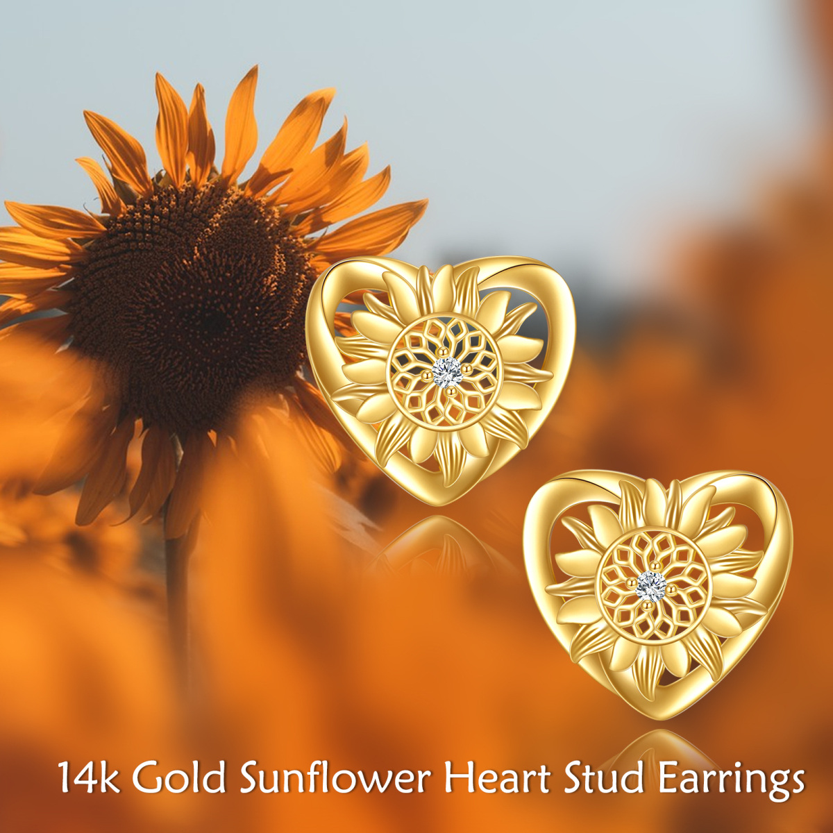 10K Gold Circular Shaped Cubic Zirconia Sunflower & Heart Stud Earrings-6