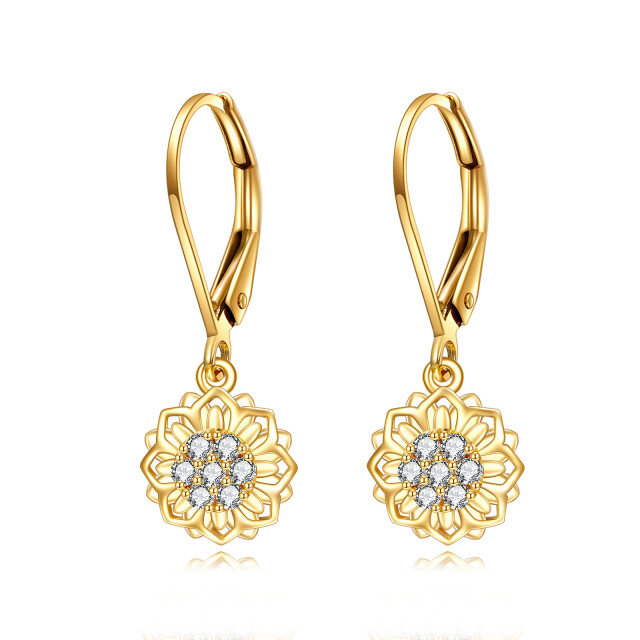 14K Gold Circular Shaped Cubic Zirconia Sunflower Lever-back Earrings