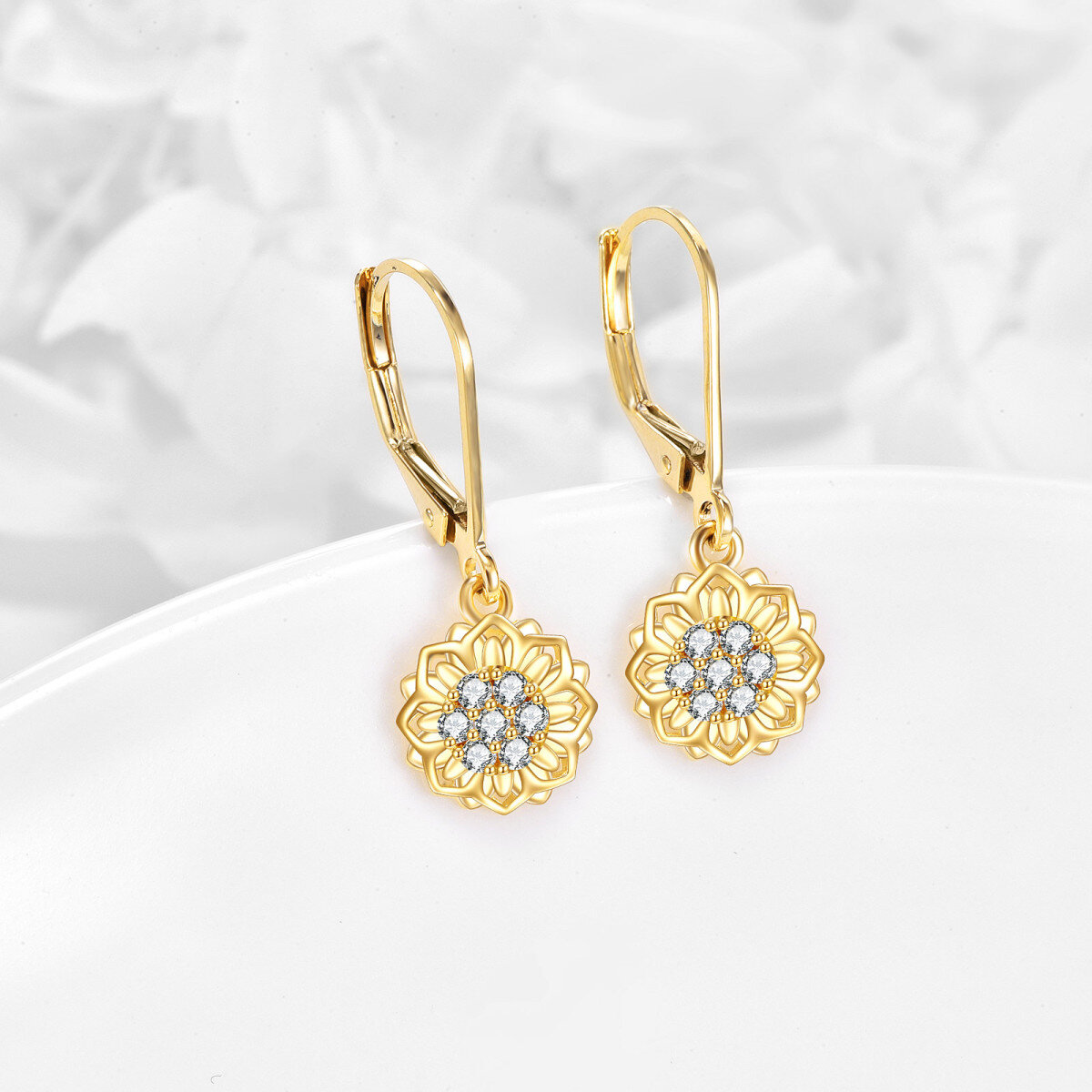 14K Gold Circular Shaped Cubic Zirconia Sunflower Lever-back Earrings-3