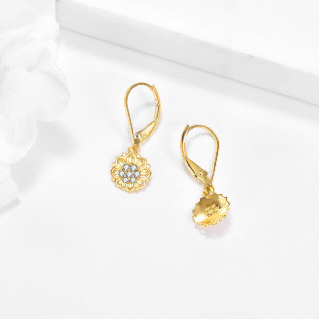 14K Gold Circular Shaped Cubic Zirconia Sunflower Lever-back Earrings-4