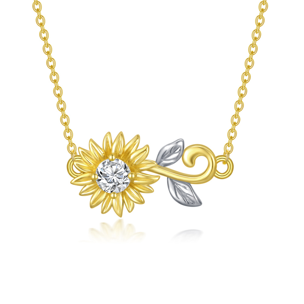 10K Gold Circular Shaped Cubic Zirconia Sunflower Pendant Necklace-1