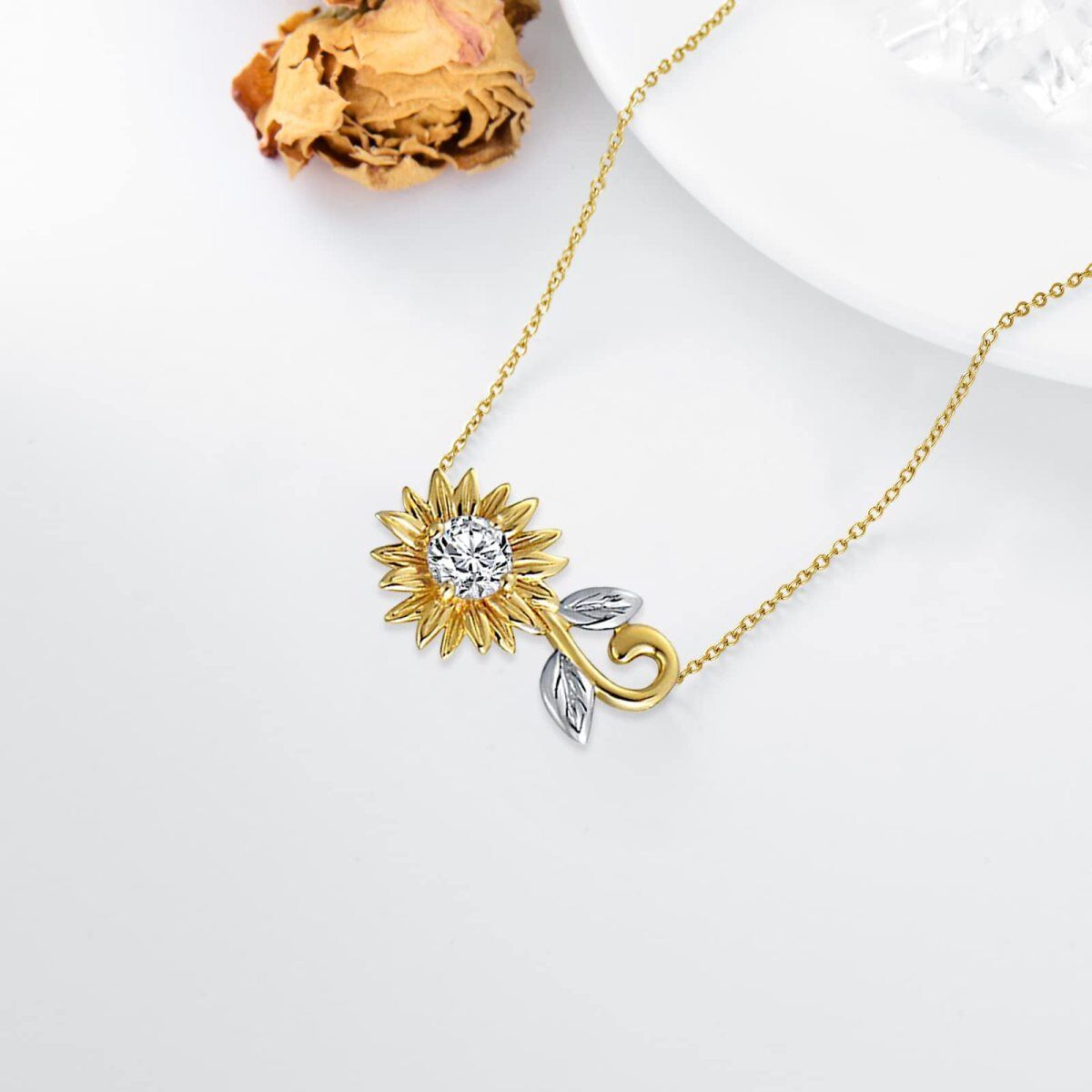 14K Gold Circular Shaped Cubic Zirconia Sunflower Pendant Necklace-3