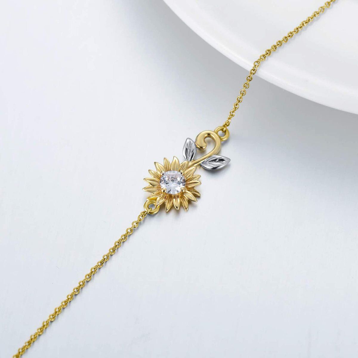 14K Gold Circular Shaped Cubic Zirconia Sunflower Pendant Necklace-4