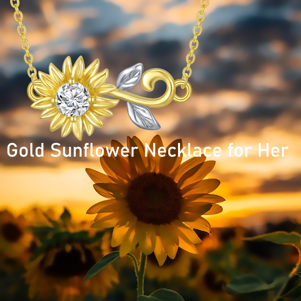 10K Gold Circular Shaped Cubic Zirconia Sunflower Pendant Necklace-5