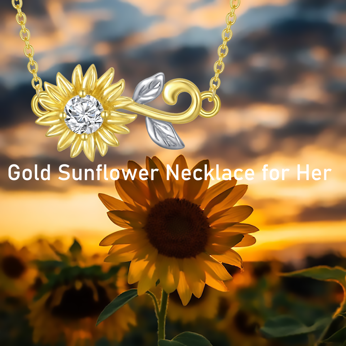 14K Gold Circular Shaped Cubic Zirconia Sunflower Pendant Necklace-5