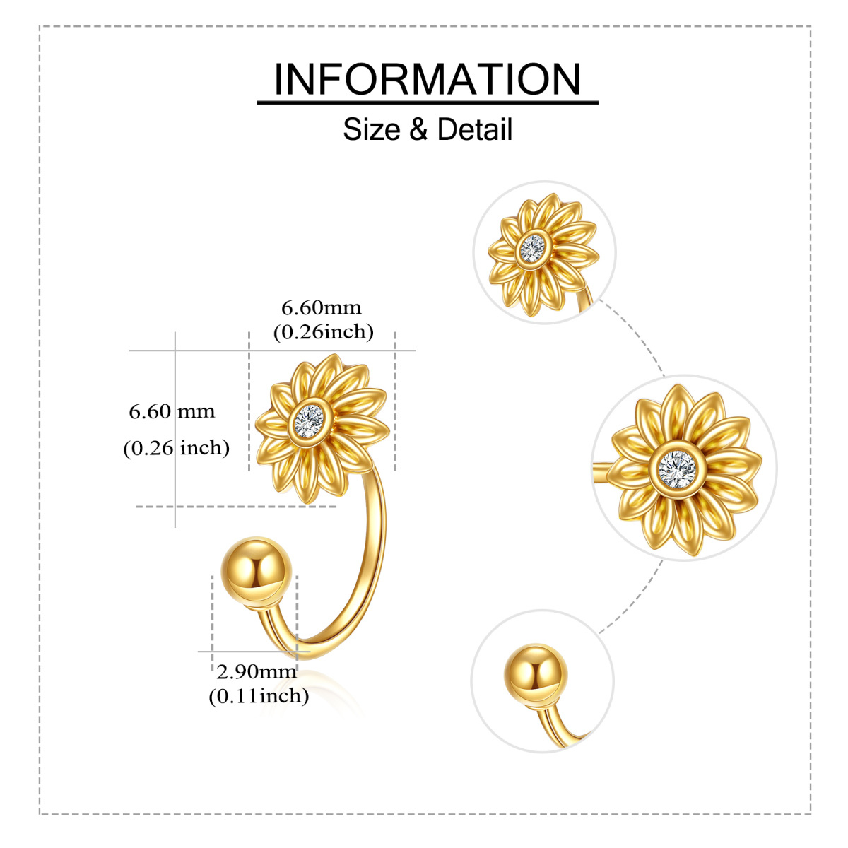 Pendientes de oro de 14 quilates con forma circular y circonita girasol-6