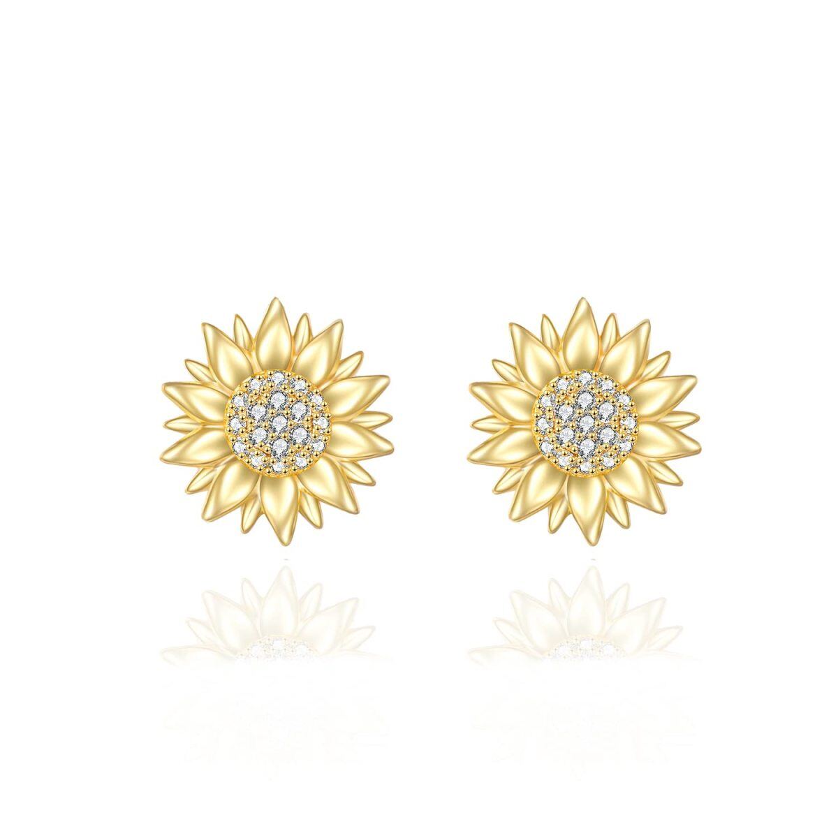 14K Gold Circular Shaped Cubic Zirconia Sunflower Stud Earrings-1