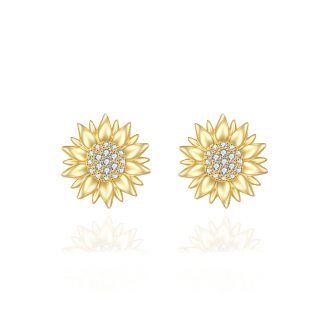 10K Gold Circular Shaped Cubic Zirconia Sunflower Stud Earrings-19