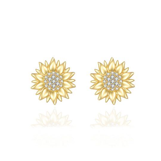 Orecchini a bottone con girasole in zirconi in oro giallo 14k