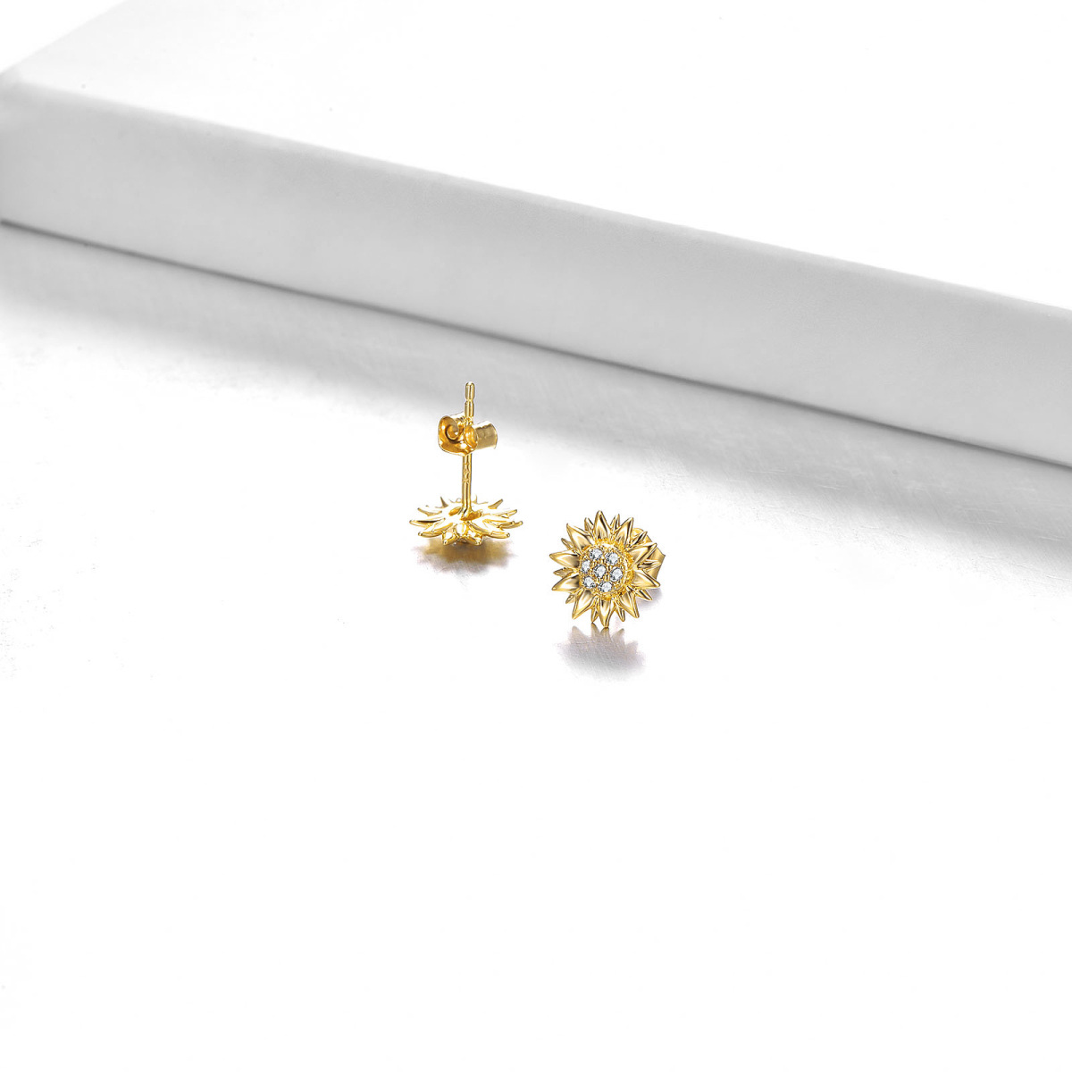 10K Gold Circular Shaped Cubic Zirconia Sunflower Stud Earrings-3