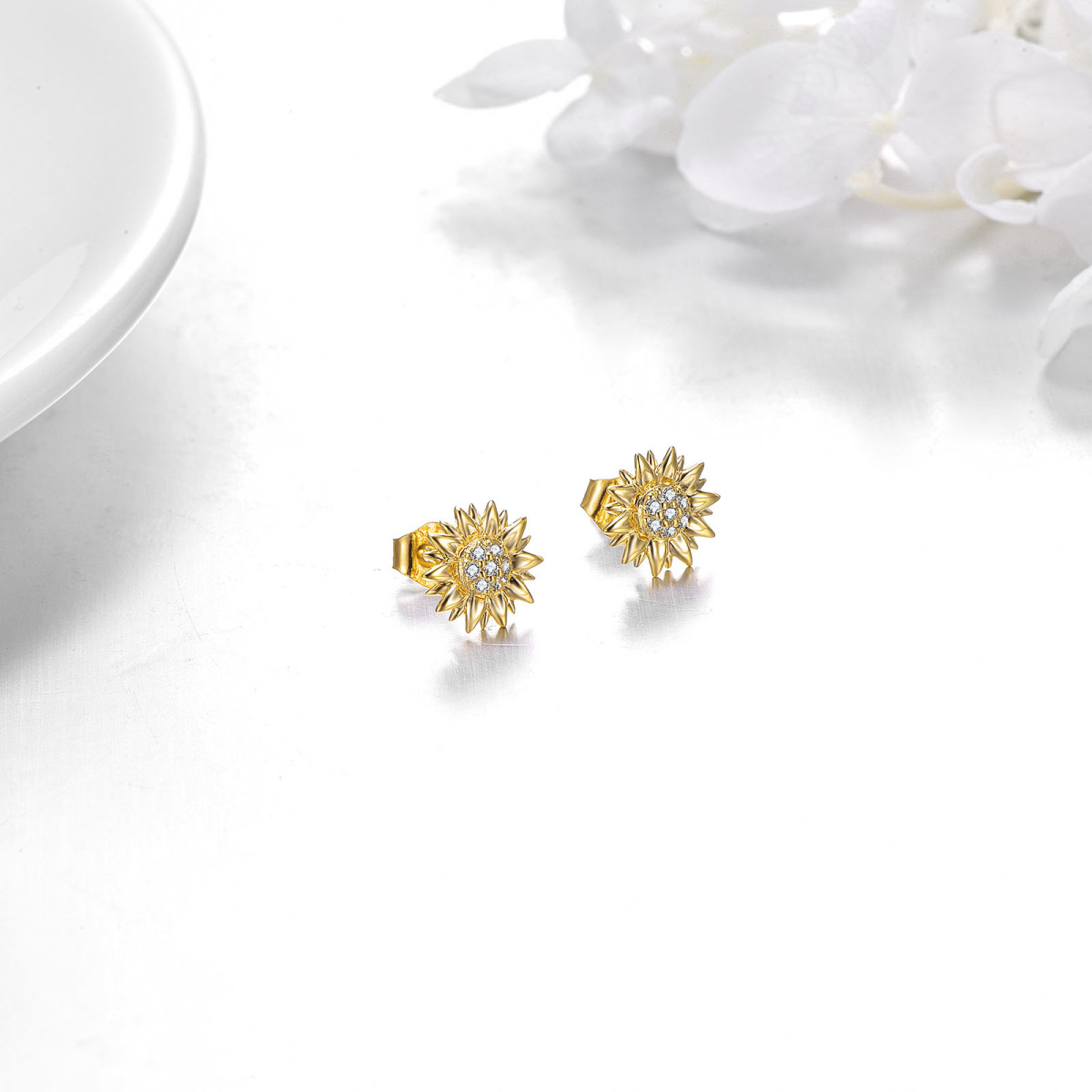 10K Gold Circular Shaped Cubic Zirconia Sunflower Stud Earrings-4