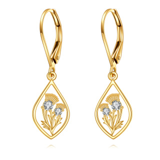 10K Gold Circular Shaped Cubic Zirconia Thistle Lever-back Earrings-3