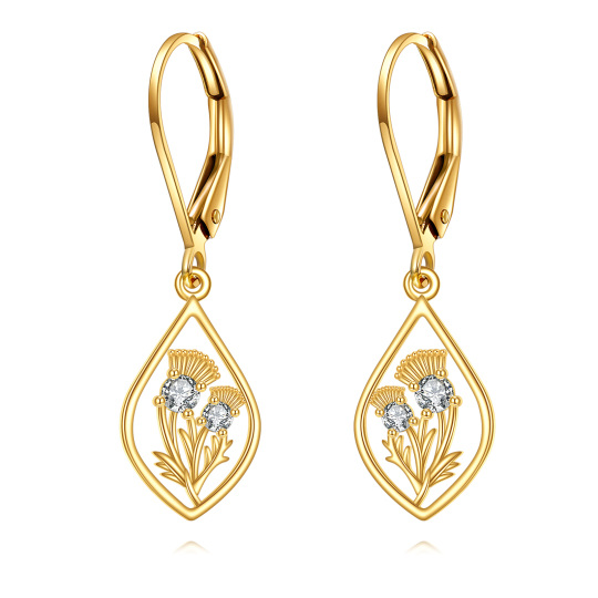 14K Gold Circular Shaped Cubic Zirconia Thistle Lever-back Earrings