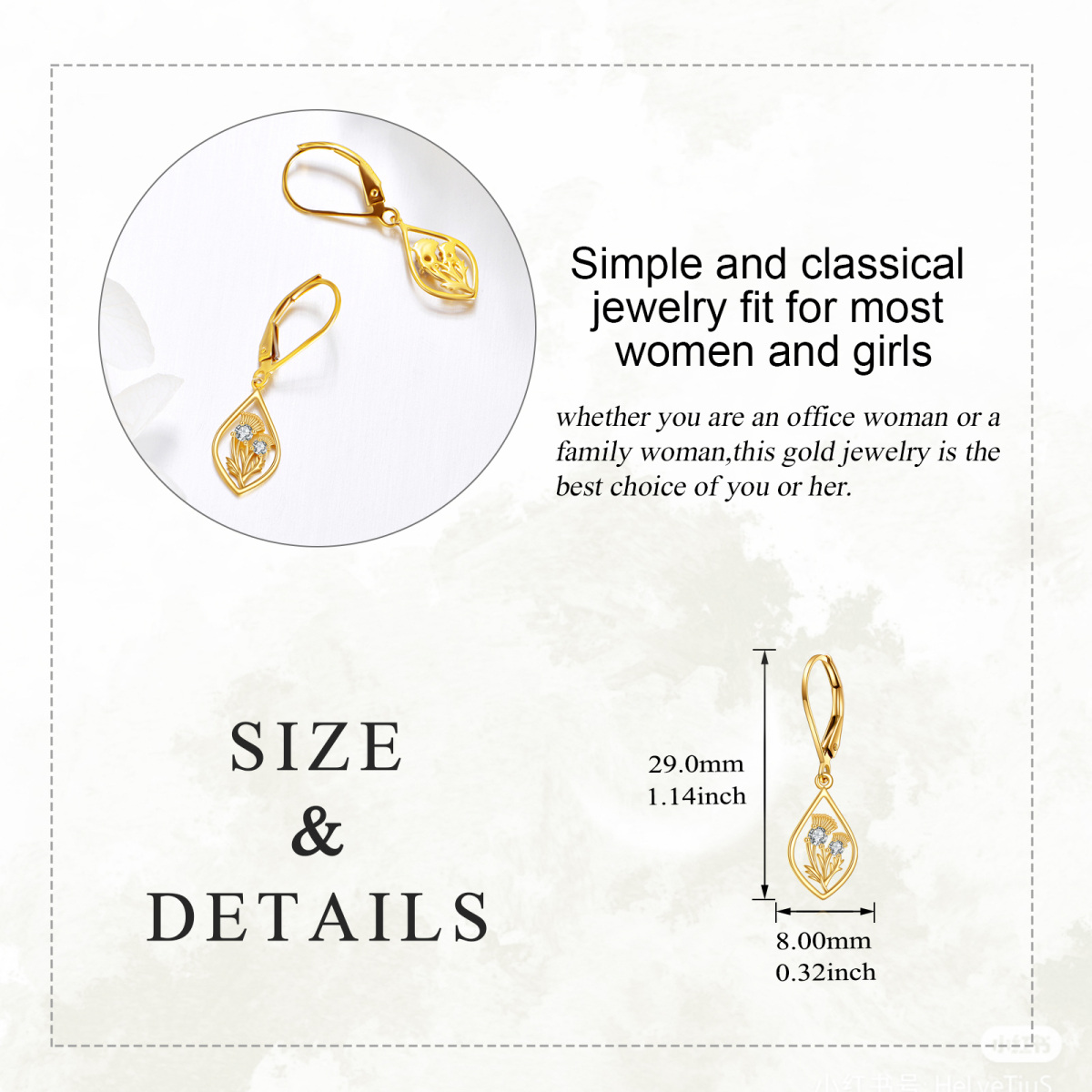 10K Gold Circular Shaped Cubic Zirconia Thistle Lever-back Earrings-5