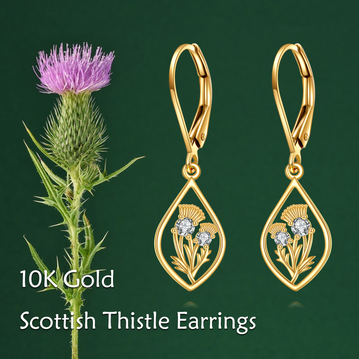 10K Gold Circular Shaped Cubic Zirconia Thistle Lever-back Earrings-6