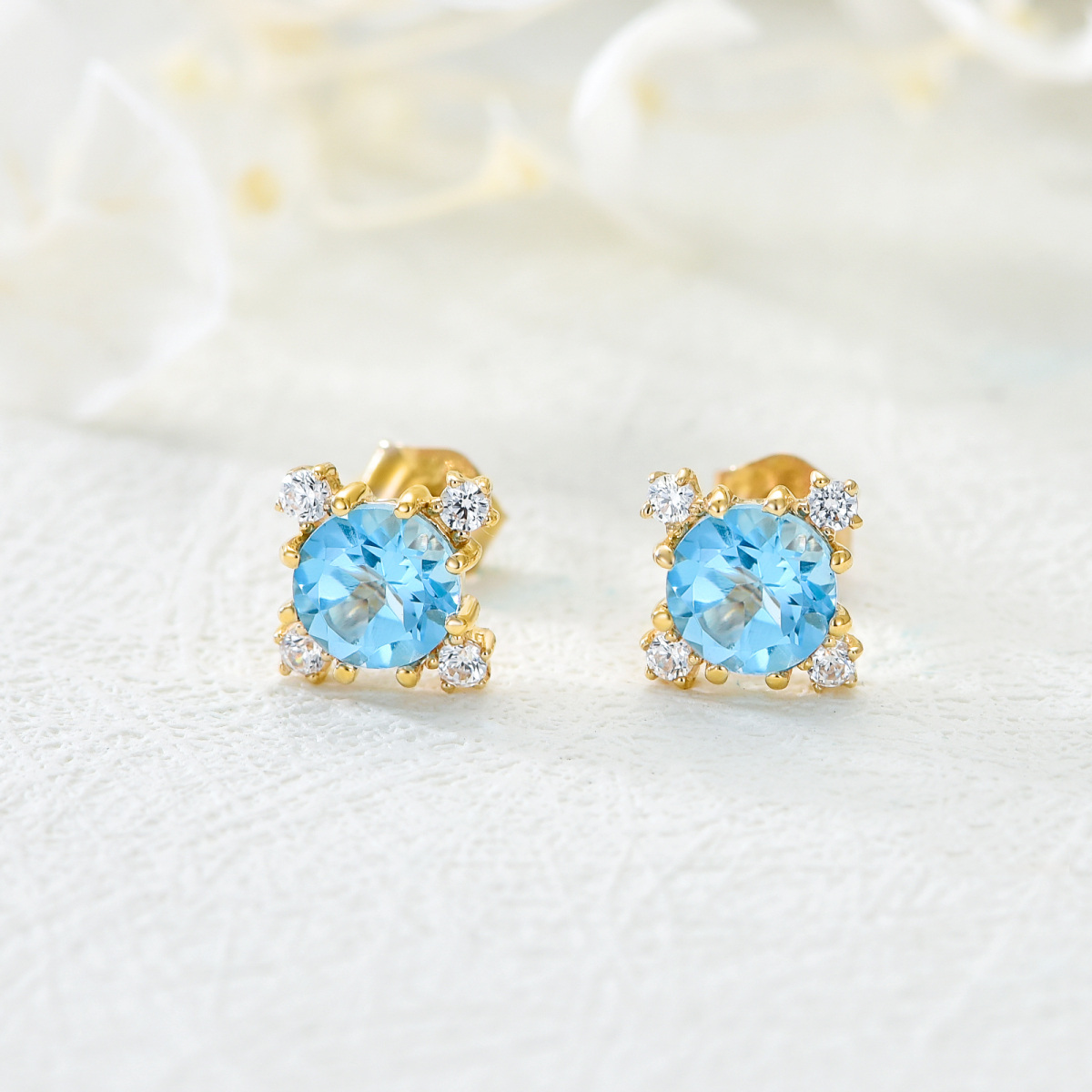 14K Gold Circular Shaped Cubic Zirconia & Topaz Snowflake Stud Earrings-4