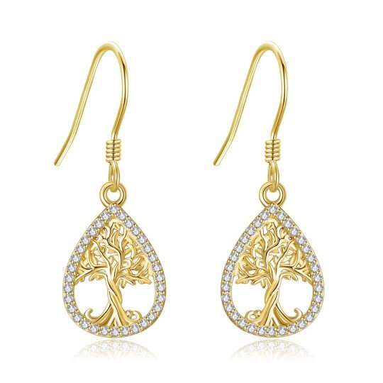 14K Gold Circular Shaped Cubic Zirconia Tree Of Life Drop Earrings