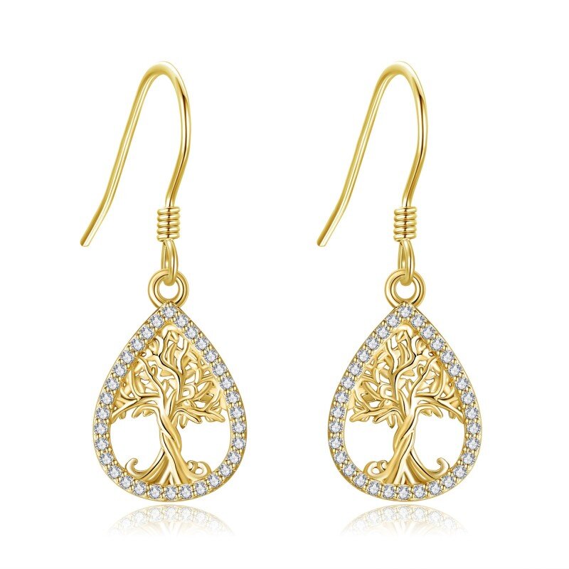 14K Gold Circular Shaped Cubic Zirconia Tree Of Life Drop Earrings