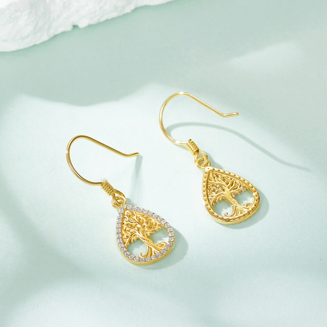 Boucles d'oreilles pendantes en or 14K avec zircon cubique en forme d'arbre de vie-3