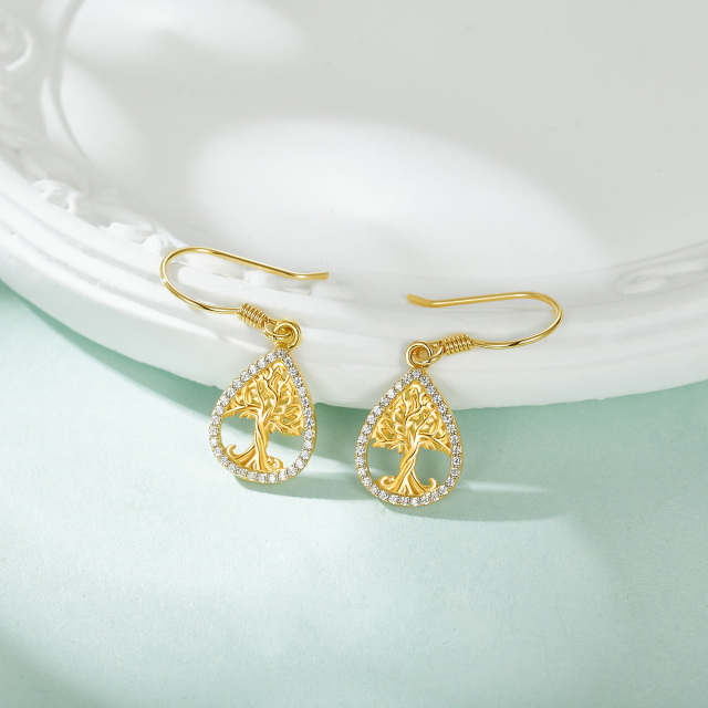 Boucles d'oreilles pendantes en or 14K avec zircon cubique en forme d'arbre de vie-4