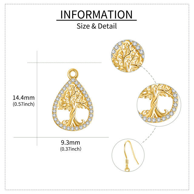 14K Gold Circular Shaped Cubic Zirconia Tree Of Life Drop Earrings-5