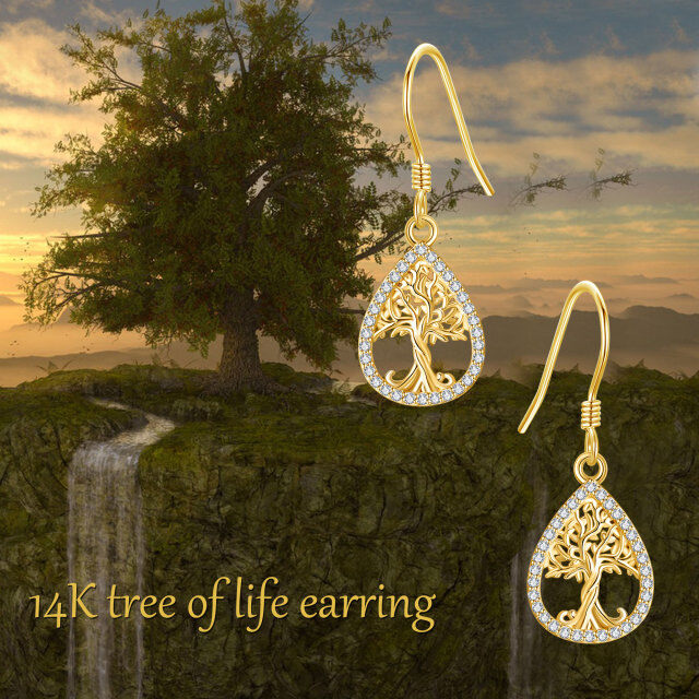 Boucles d'oreilles pendantes en or 14K avec zircon cubique en forme d'arbre de vie-6