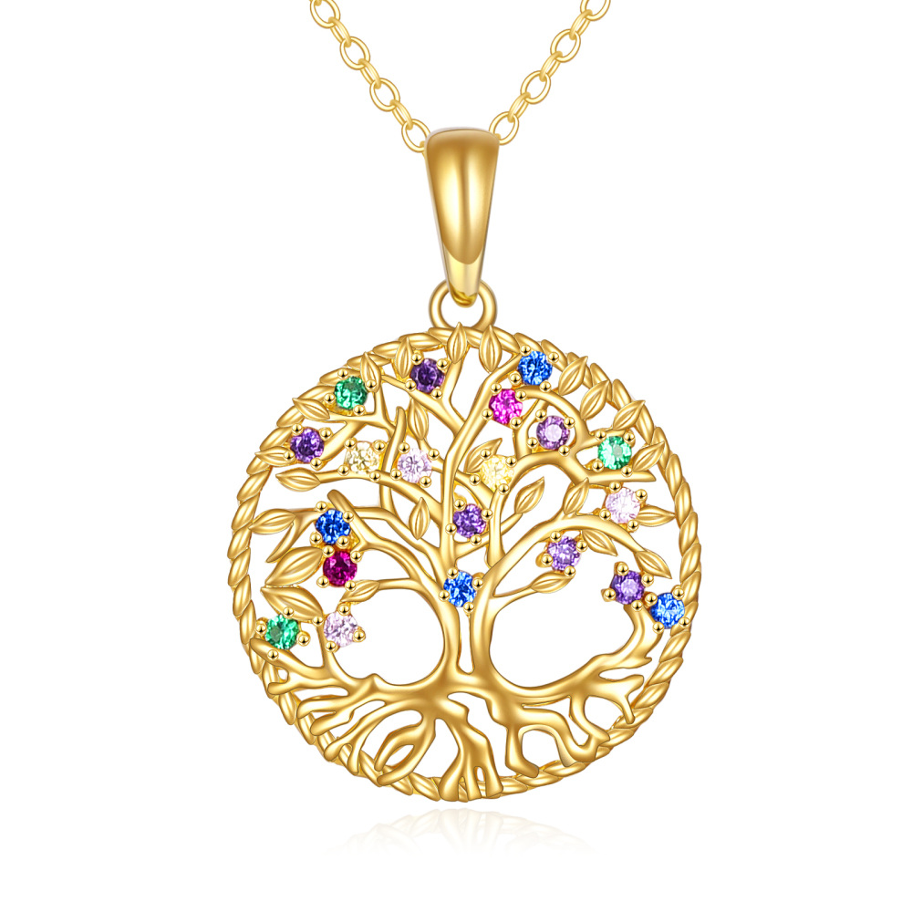 10K Gold Circular Shaped Cubic Zirconia Tree Of Life Pendant Necklace-1