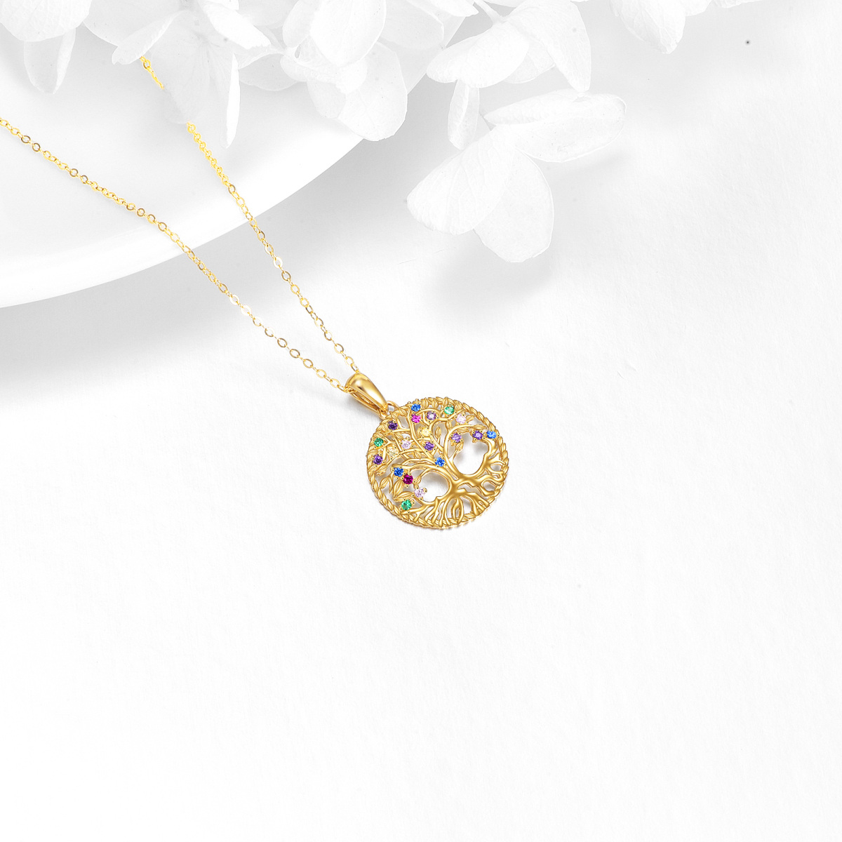 14K Gold Circular Shaped Cubic Zirconia Tree Of Life Pendant Necklace-4