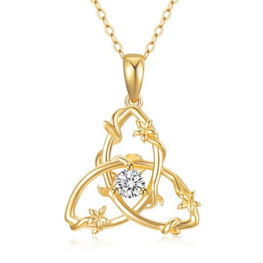 14K Gold Circular Shaped Cubic Zirconia Triangle Pendant Necklace