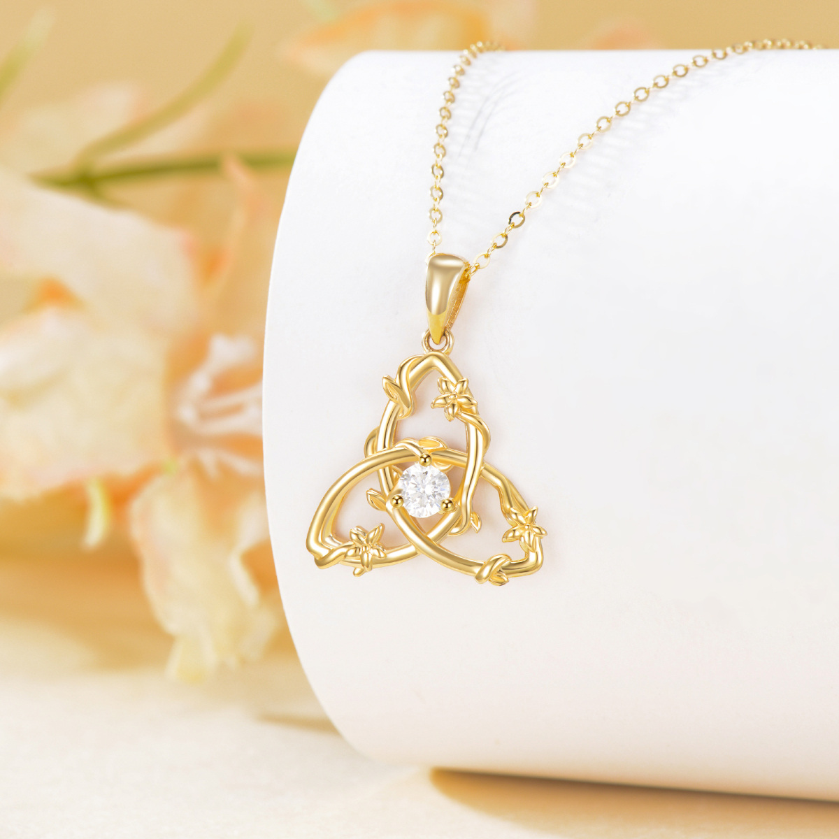 10K Gold Circular Shaped Cubic Zirconia Triangle Pendant Necklace-4