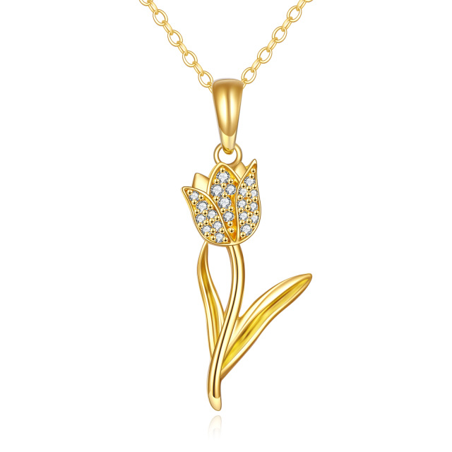 Colar com pingente de tulipa de zircônia cúbica em formato circular de ouro 14K