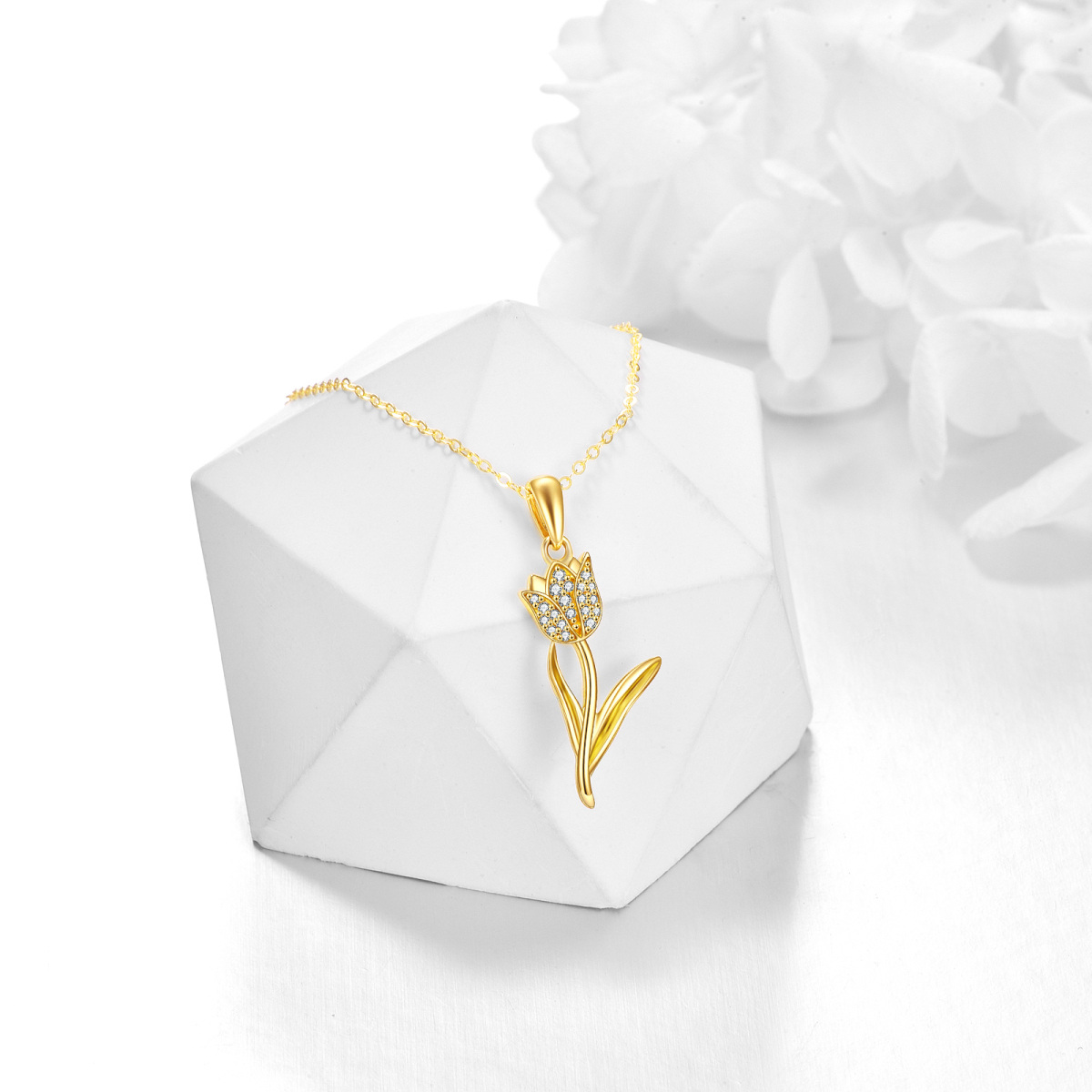 14K Gold Halskette mit Tulpenanhänger und kreisförmigem Zirkonia-3