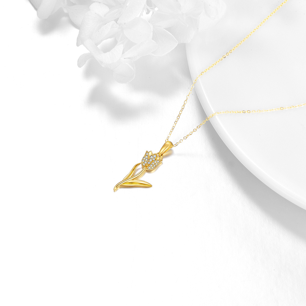10K Gold Halskette mit Tulpenanhänger und kreisförmigem Zirkonia-4