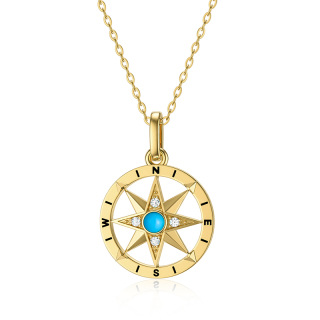 10K Gold Circular Shaped Cubic Zirconia & Turquoise Compass Pendant Necklace-49