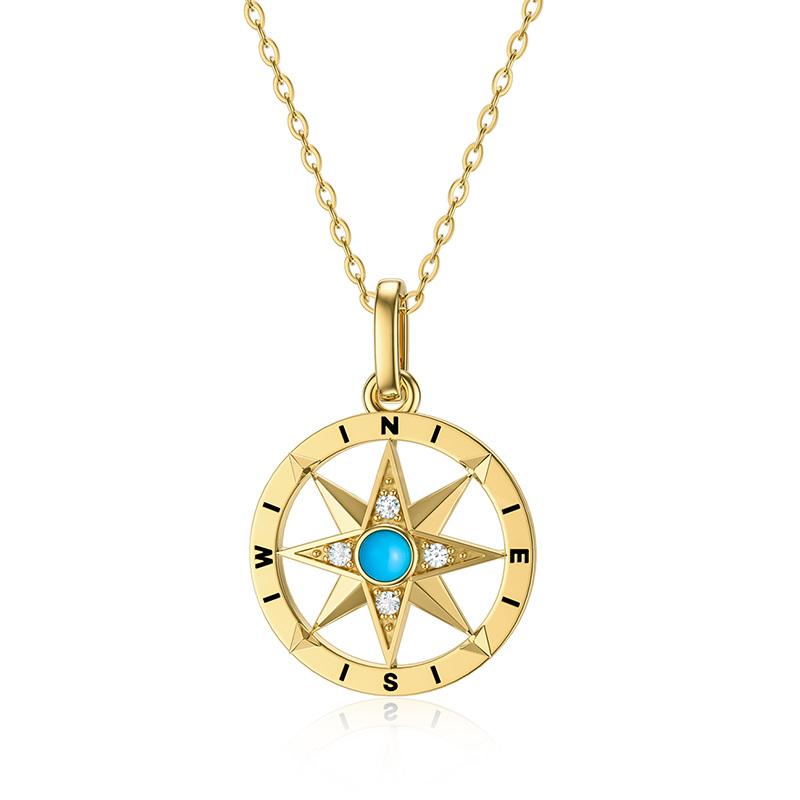 10K Gold Circular Shaped Cubic Zirconia & Turquoise Compass Pendant Necklace-9