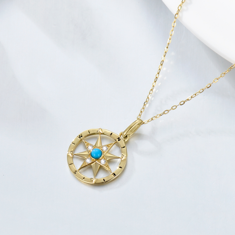 10K White Gold Round Cut Cubic Zirconia & Turquoise Compass Pendant Necklace-4