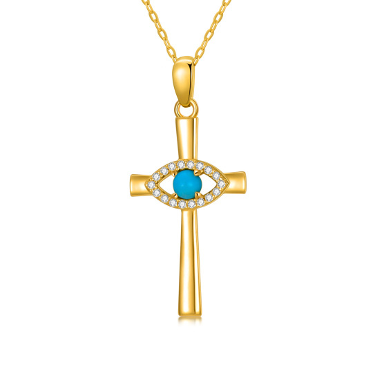 Collana con ciondolo a forma di croce di turchese e malocchio, in oro 14K, di forma circolare