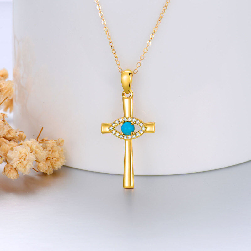 10K White Gold Round Cut Turquoise Cross & Evil Eye Pendant Necklace-3