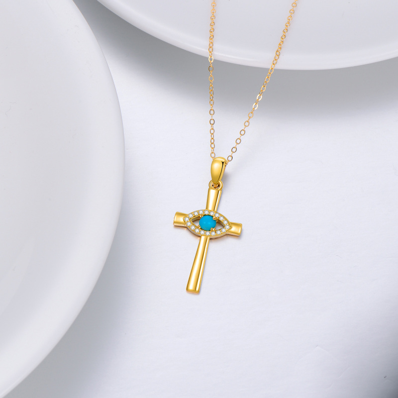10K White Gold Round Cut Turquoise Cross & Evil Eye Pendant Necklace-4
