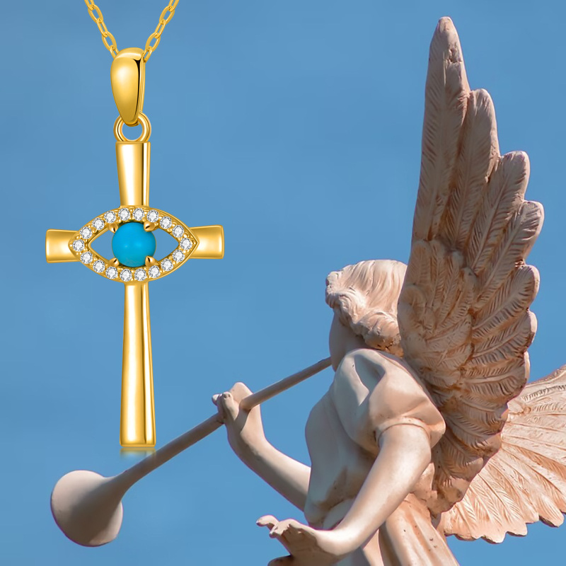 10K White Gold Round Cut Turquoise Cross & Evil Eye Pendant Necklace-5